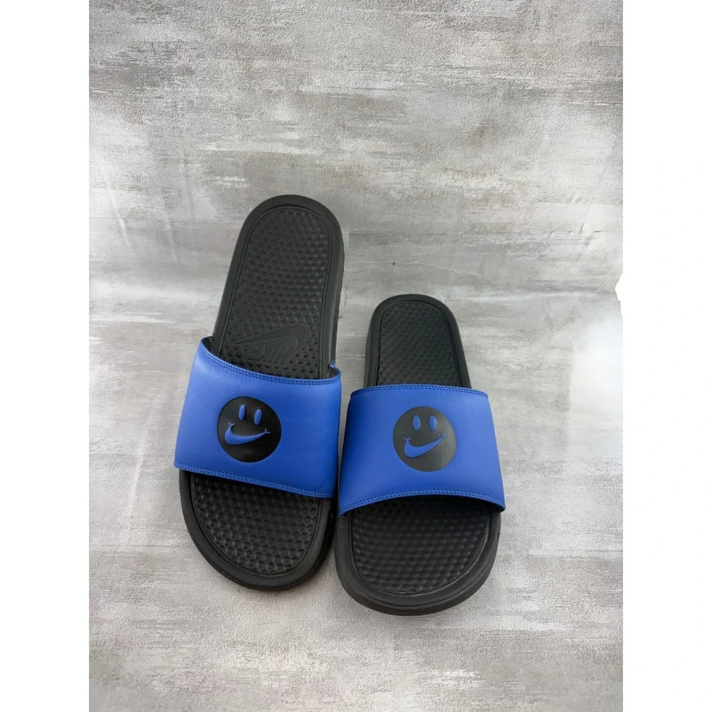 Nike Benassi JDI Slides Blue Black Smiley Face Swoosh 631261-018 Men Sz 10